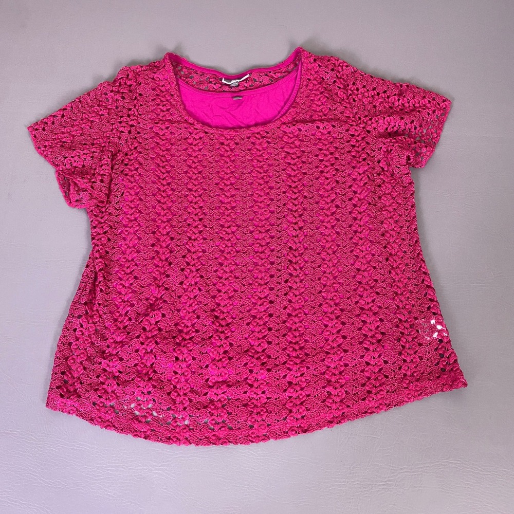 JM Collection Top‎ Blouse Woman Plus 1X Fuchsia Pink Crochet Lace Short Sleeve